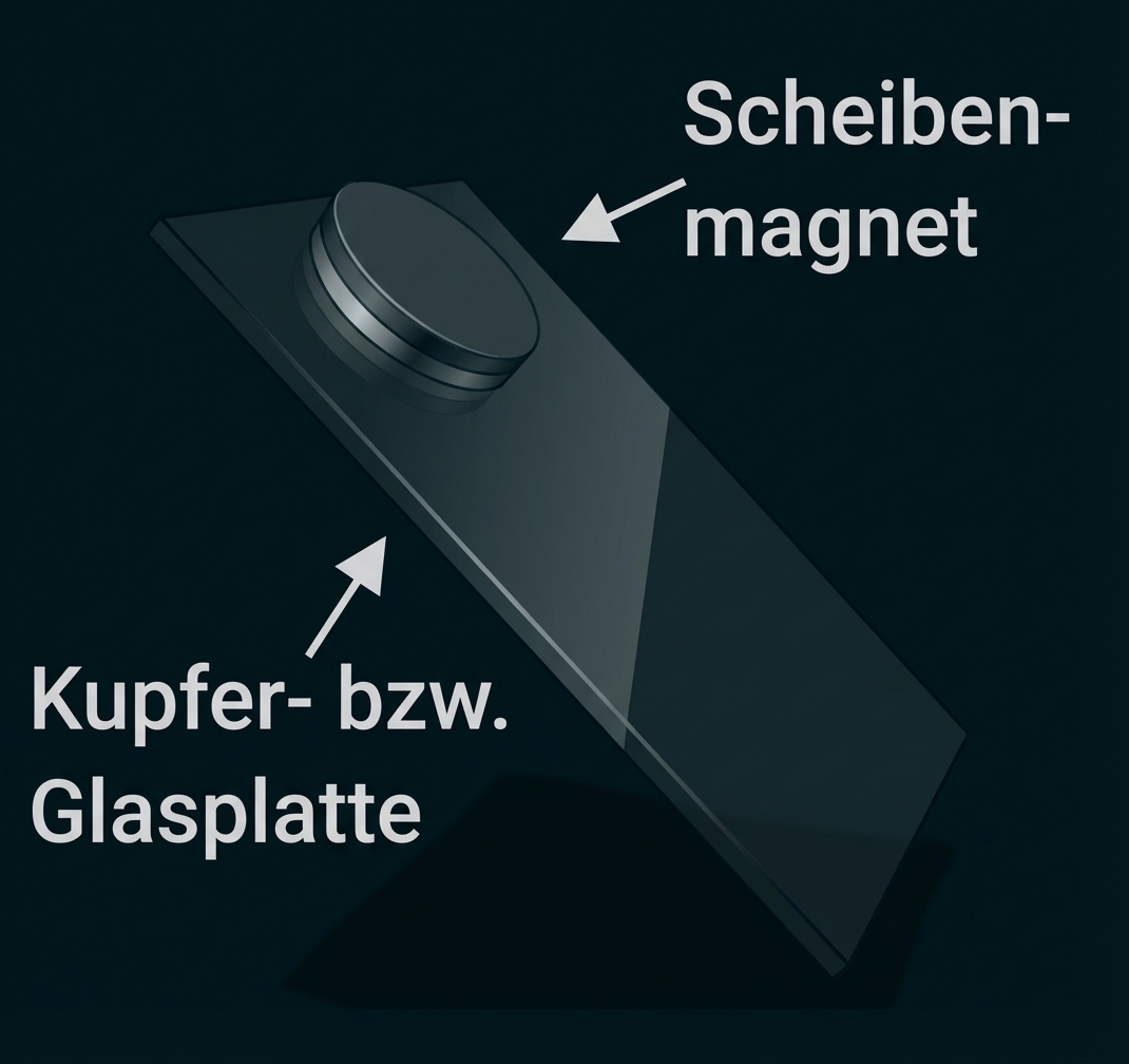 Scheibenmagnet liegt auf geneigter Kupfer- bzw. Glasplatte